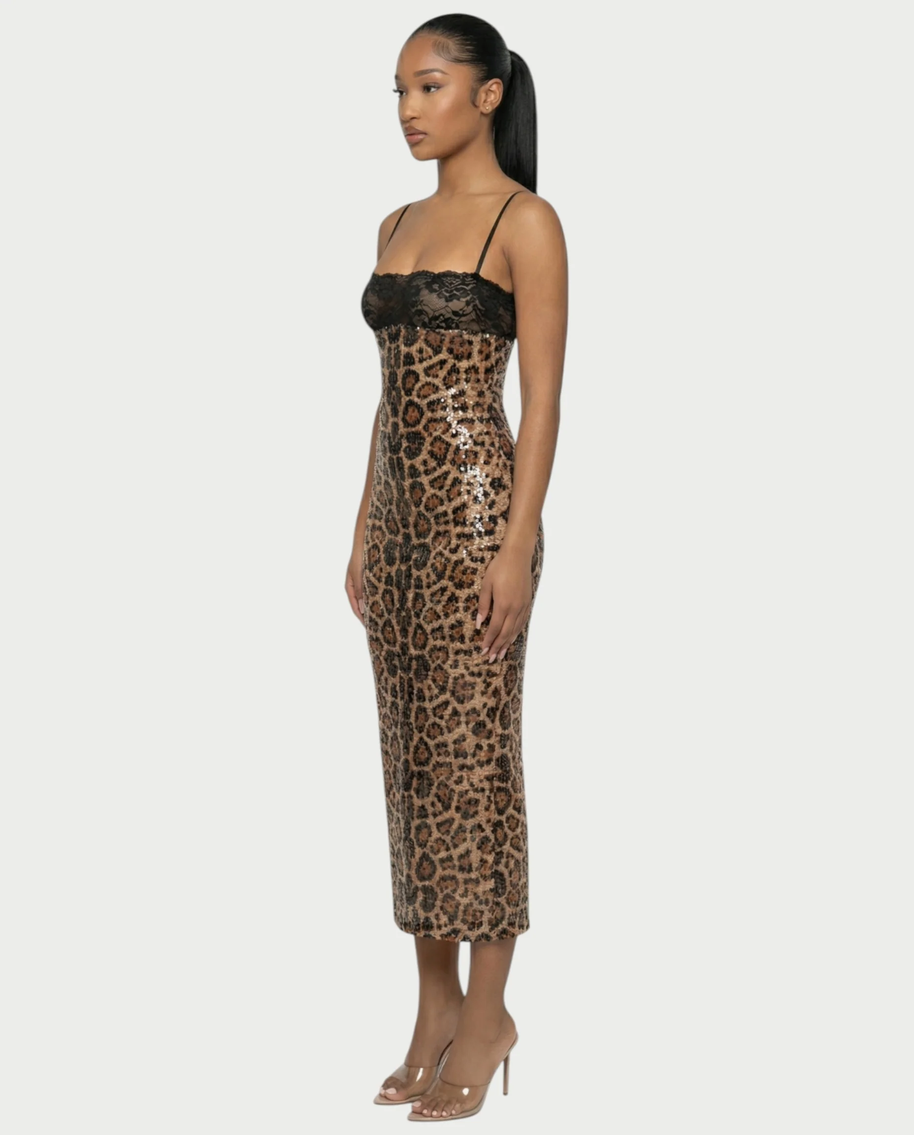 EVORA Leopard Sequin Lace-Bust Midi Dress - Image 3