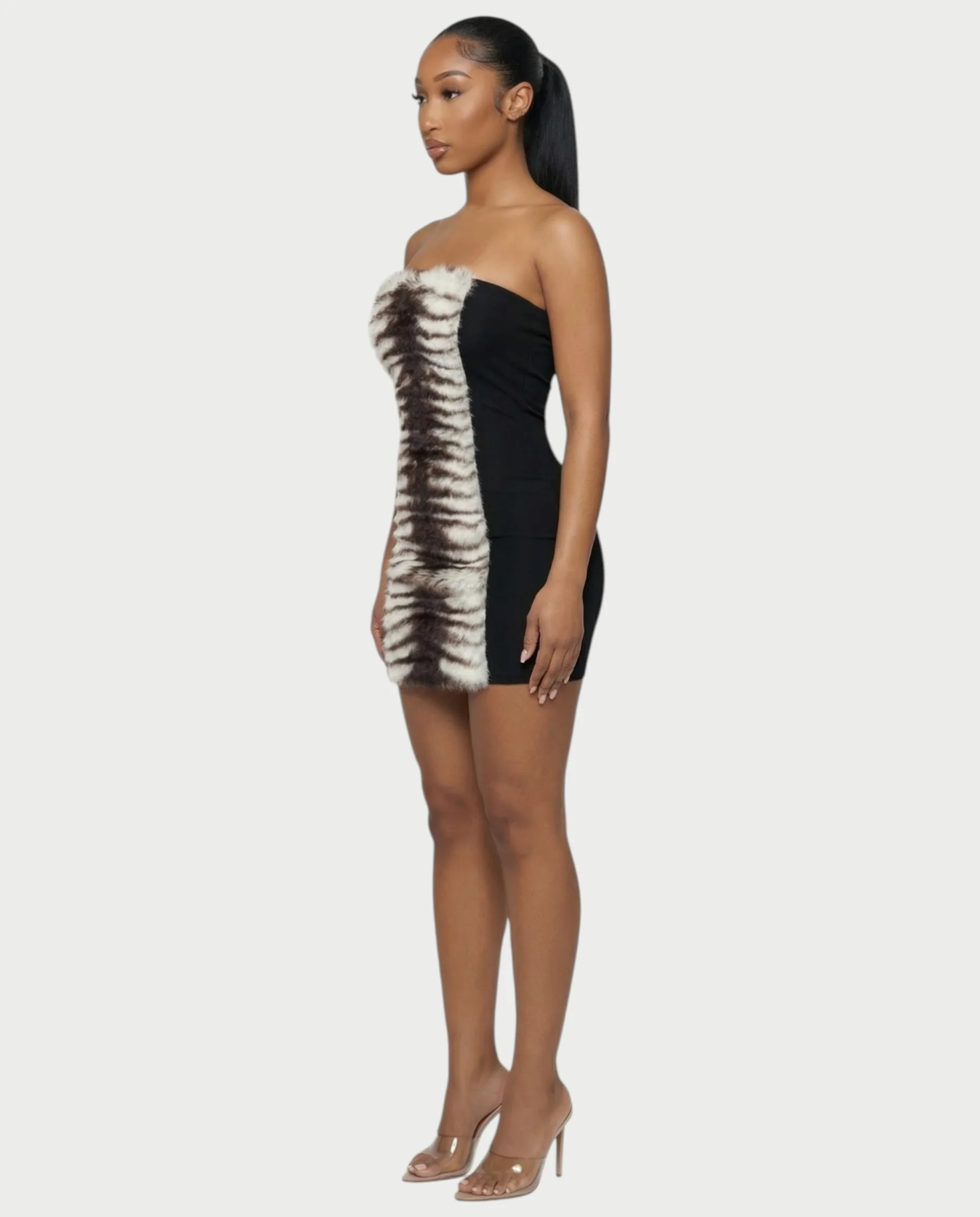 HALIYA Zebra Faux-Fur Bodycon Mini Dress - Image 3