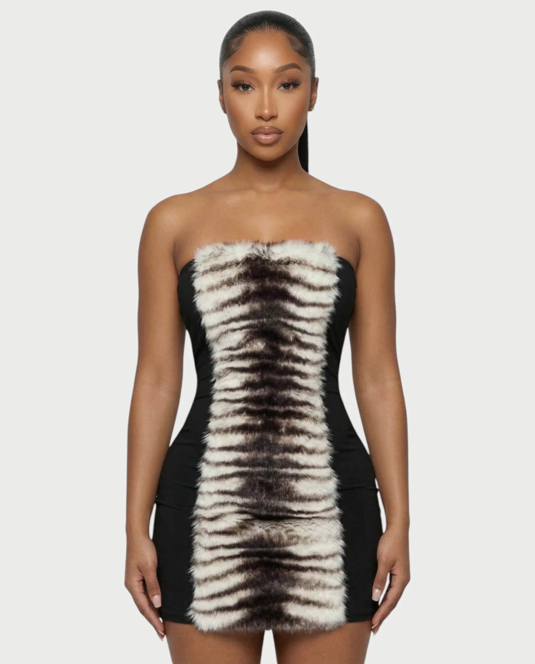 HALIYA Zebra Faux-Fur Bodycon Mini Dress - Image 4