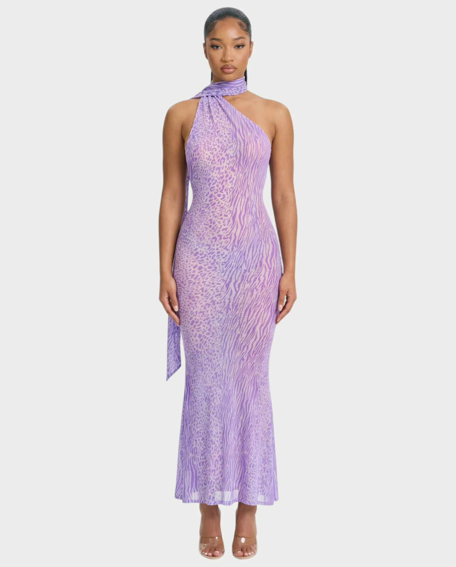 HAYANA Sheer Leopard Scarf Detail Backless Maxi Dress