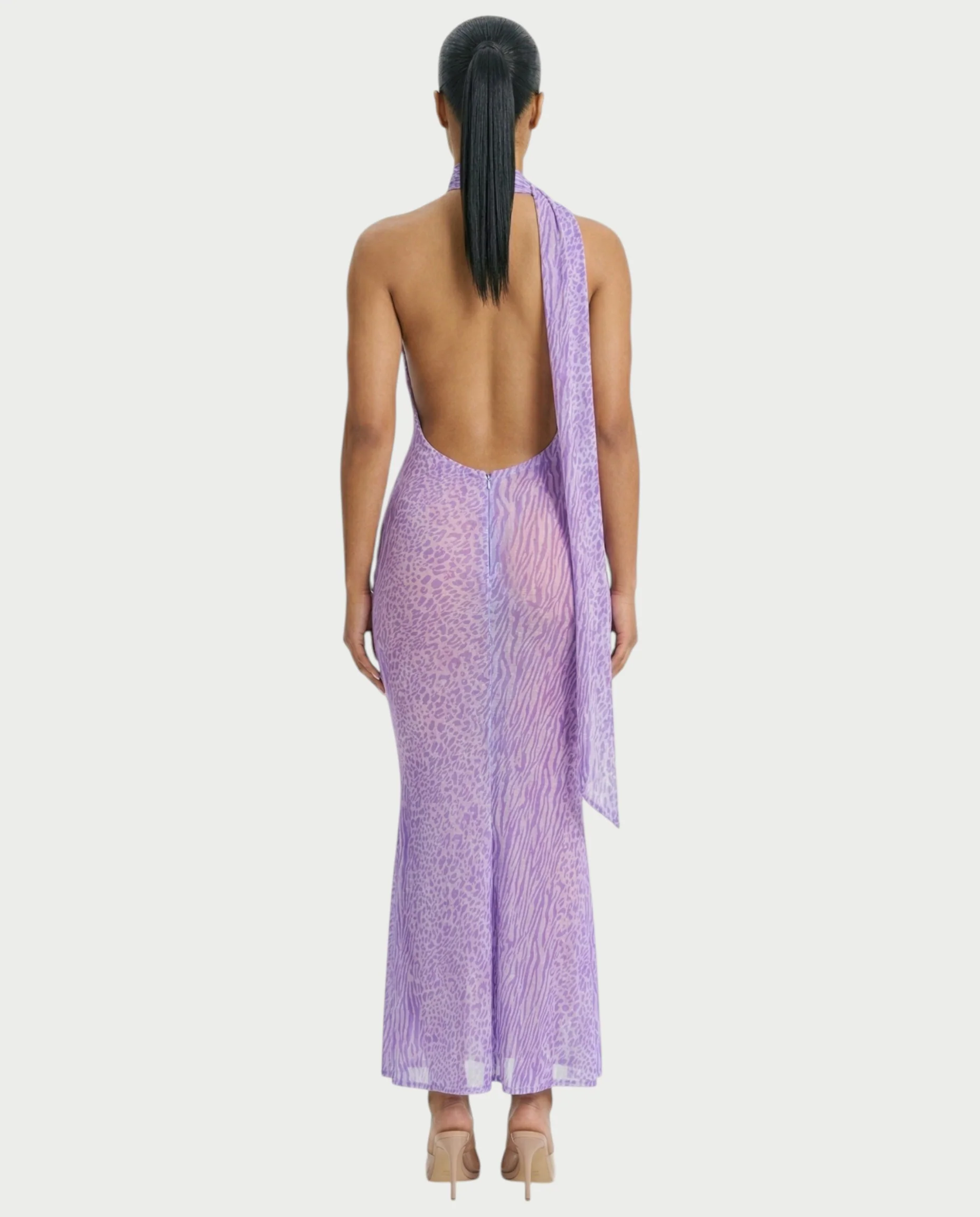 HAYANA Sheer Leopard Scarf Detail Backless Maxi Dress - Image 2