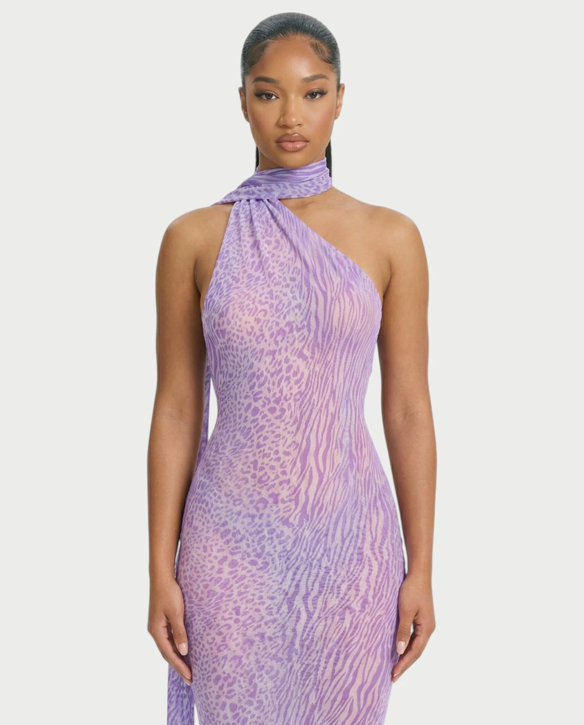 HAYANA Sheer Leopard Scarf Detail Backless Maxi Dress - Image 4