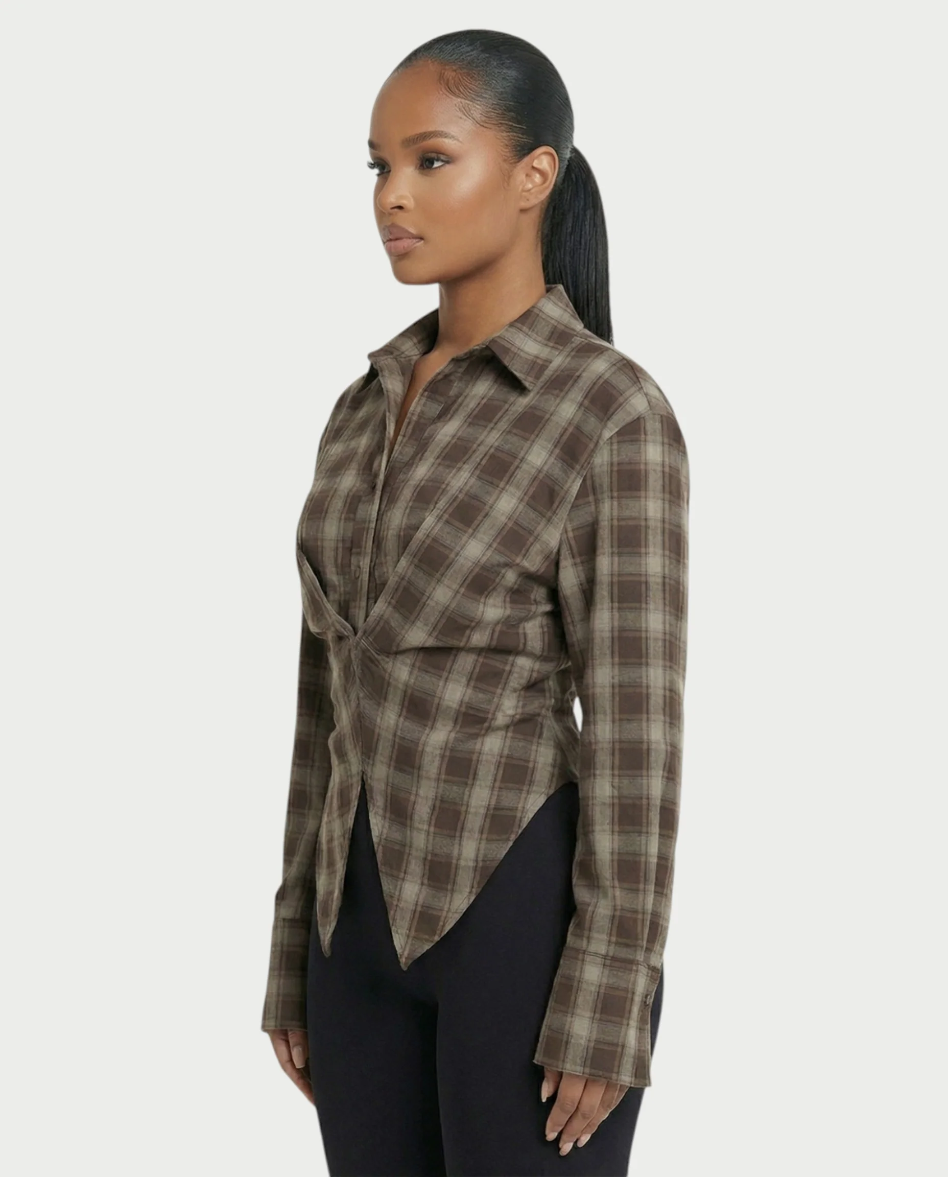 HELINA Plaid Cinched Waist Shirt Top - Image 3