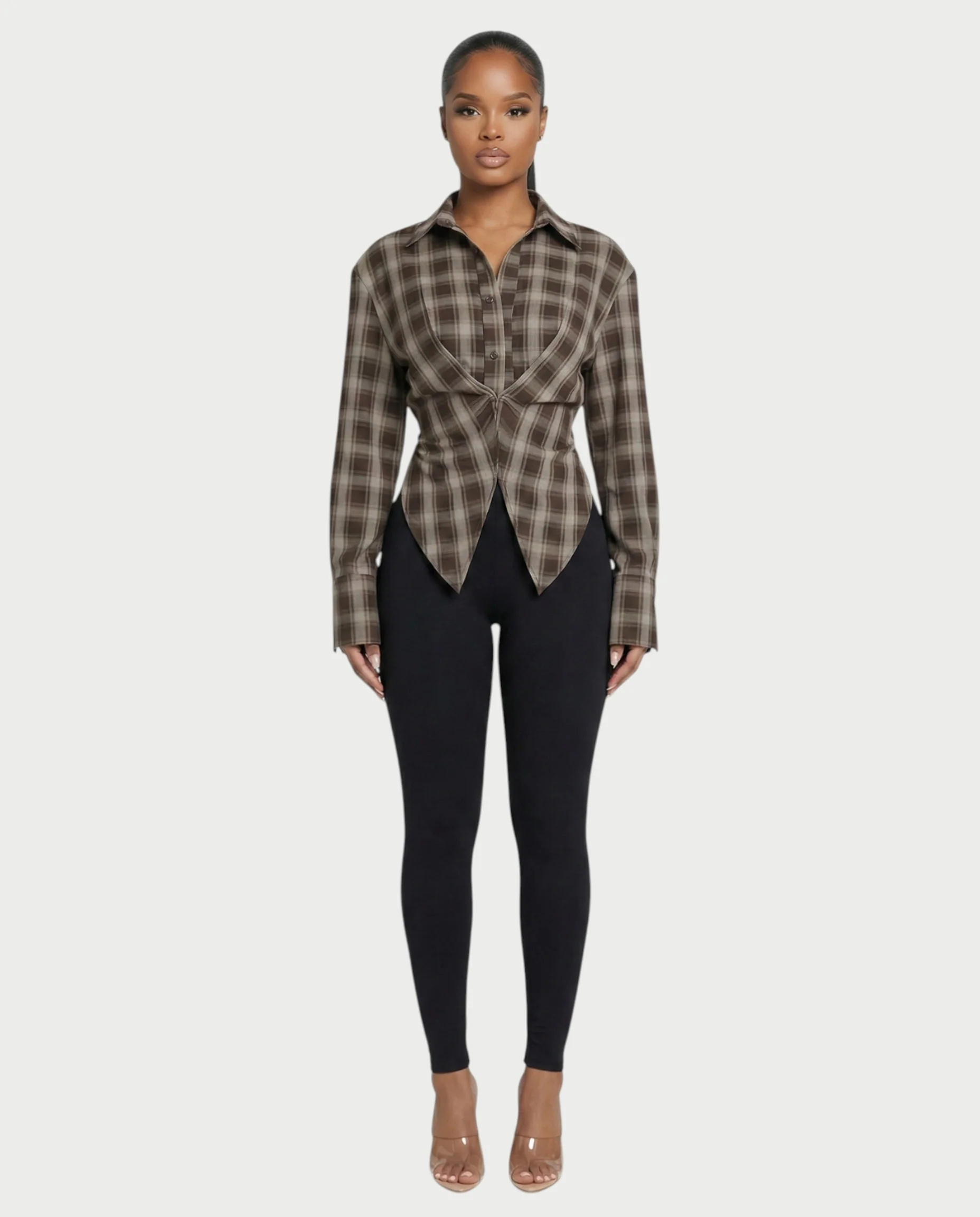 HELINA Plaid Cinched Waist Shirt Top - Image 4
