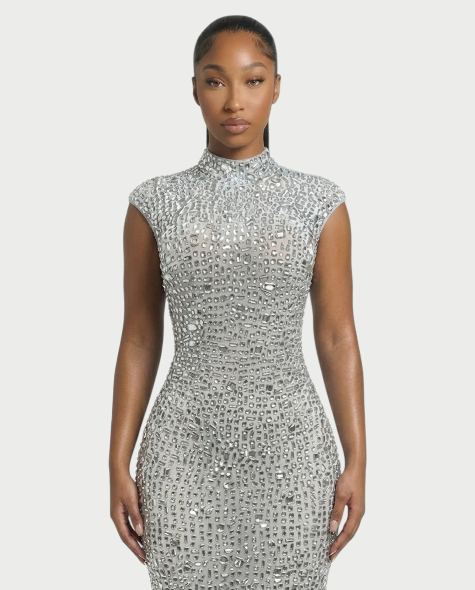 MORIA Crystal High-Neck Bodycon Maxi Dress - Image 24