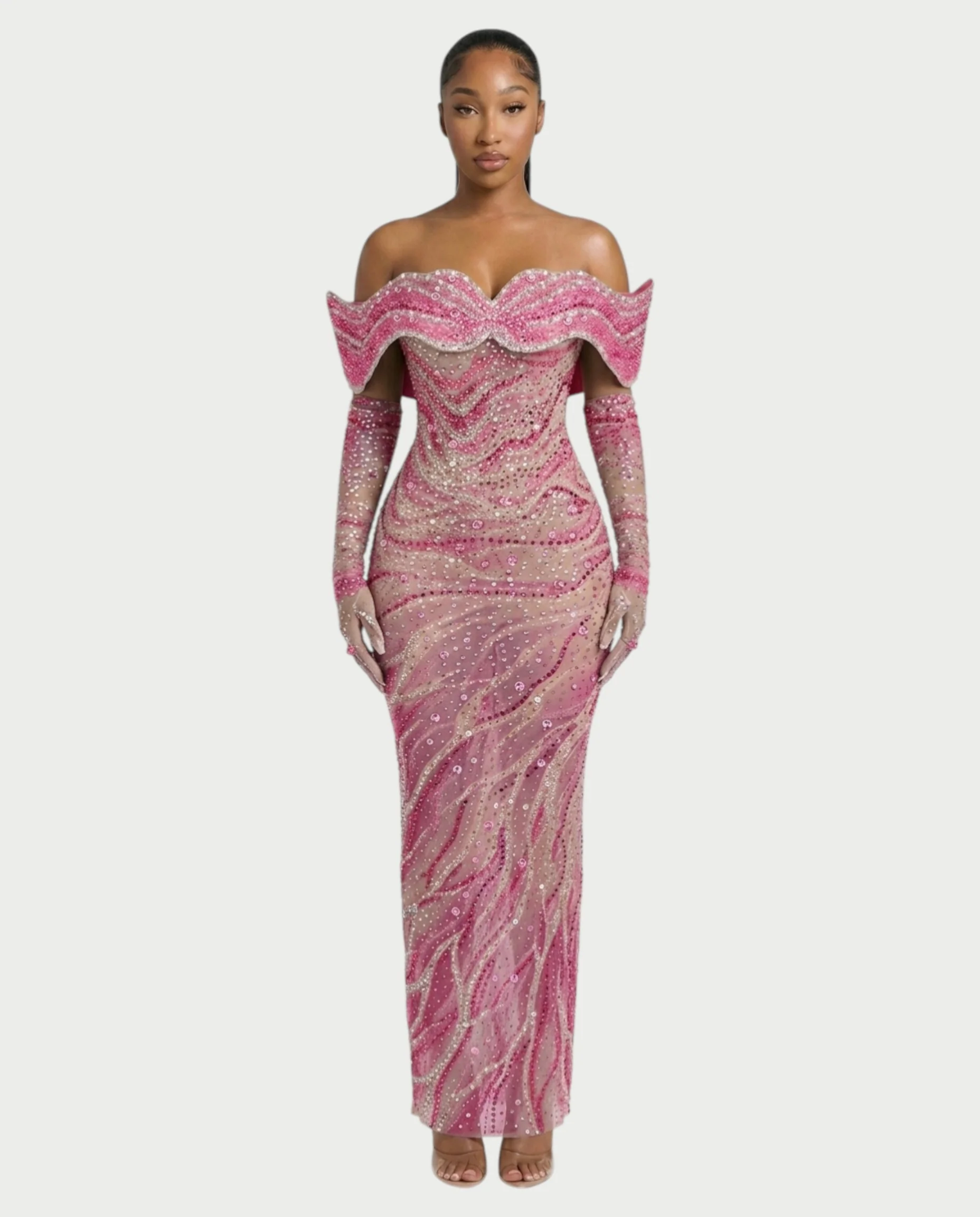 NELKA Rhinestone Off-Shoulder Mesh Maxi Dress - Image 11