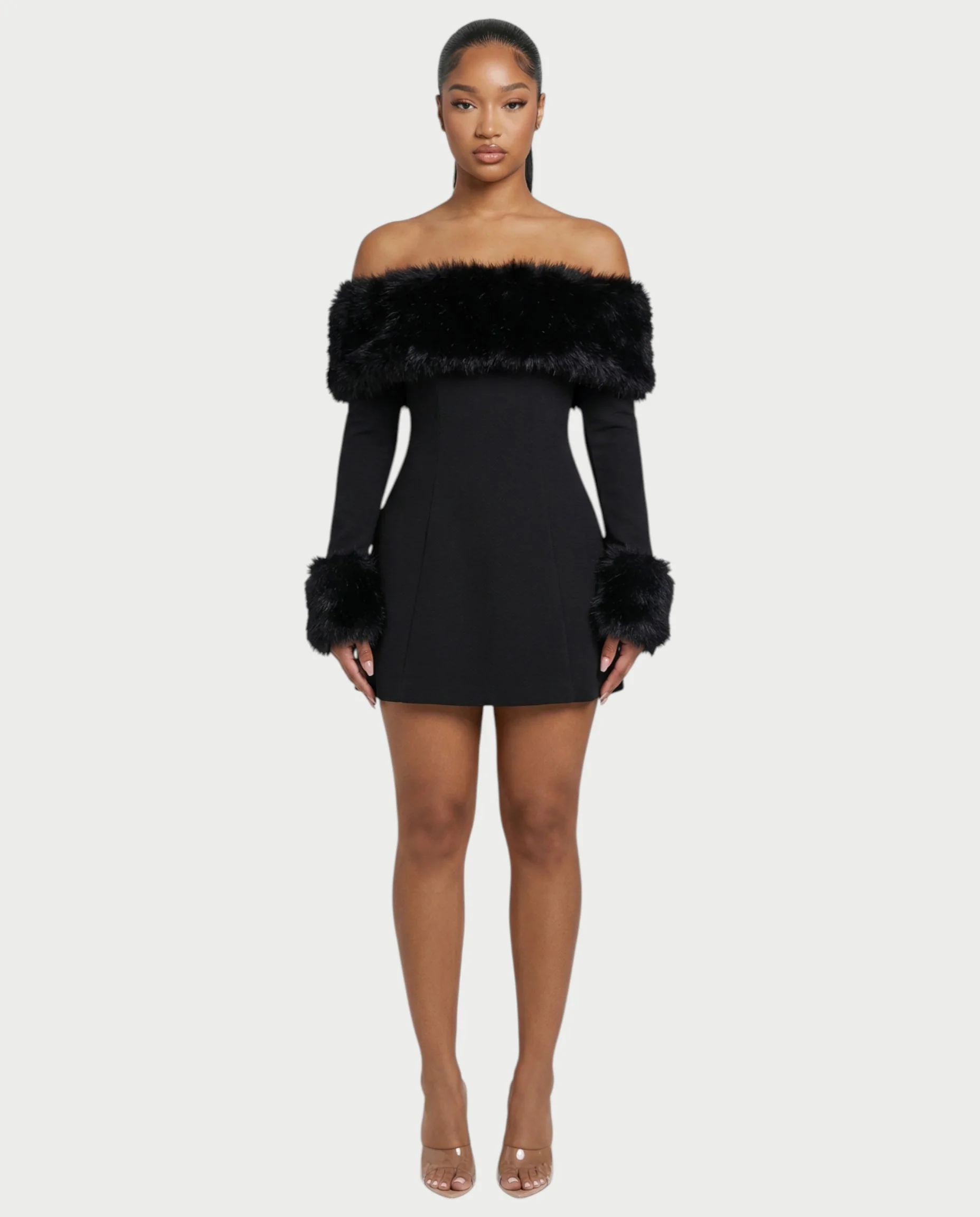 NIRAYA Off-Shoulder Faux Fur Trim Mini Dress