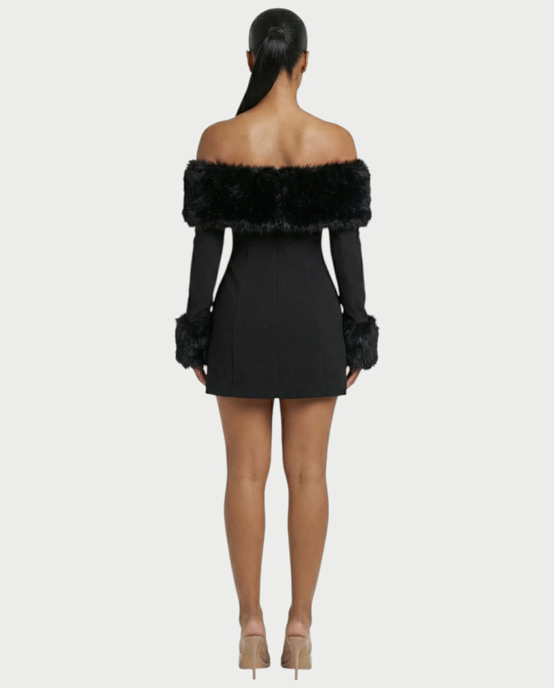 NIRAYA Off-Shoulder Faux Fur Trim Mini Dress - Image 2
