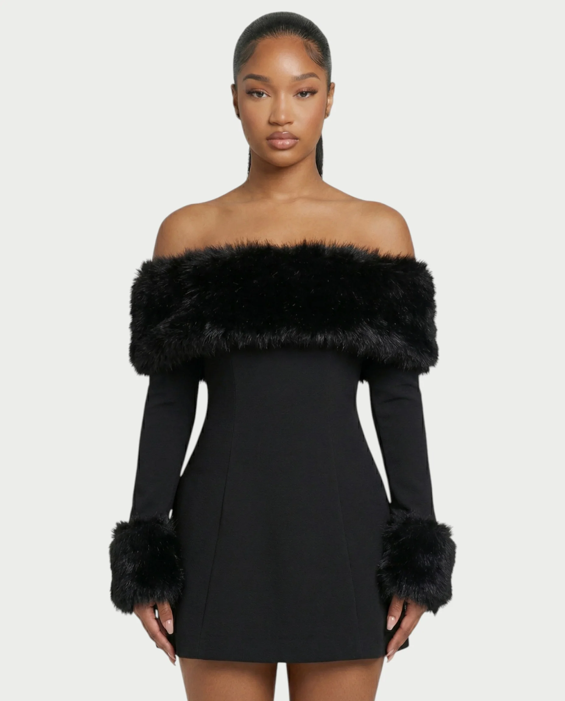 NIRAYA Off-Shoulder Faux Fur Trim Mini Dress - Image 4