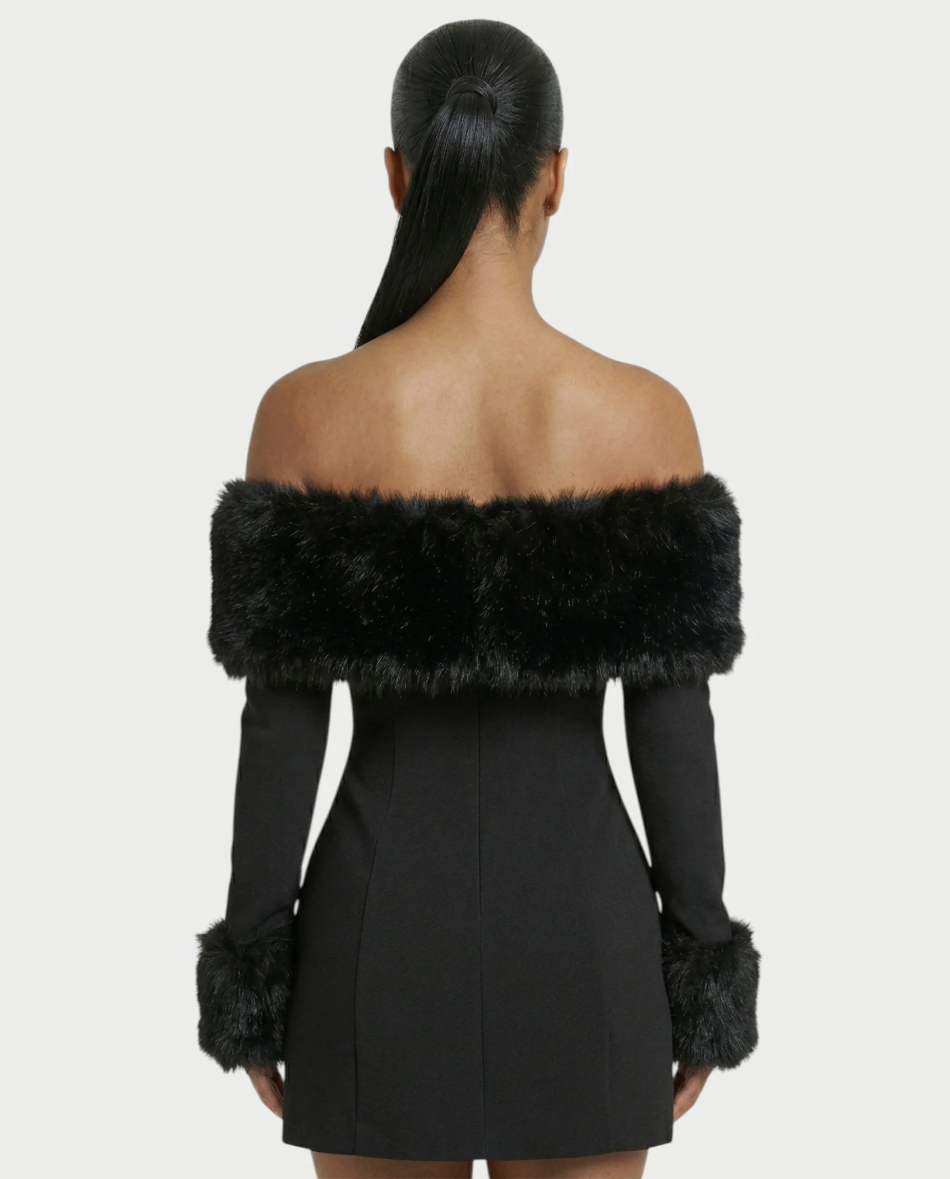 NIRAYA Off-Shoulder Faux Fur Trim Mini Dress - Image 5