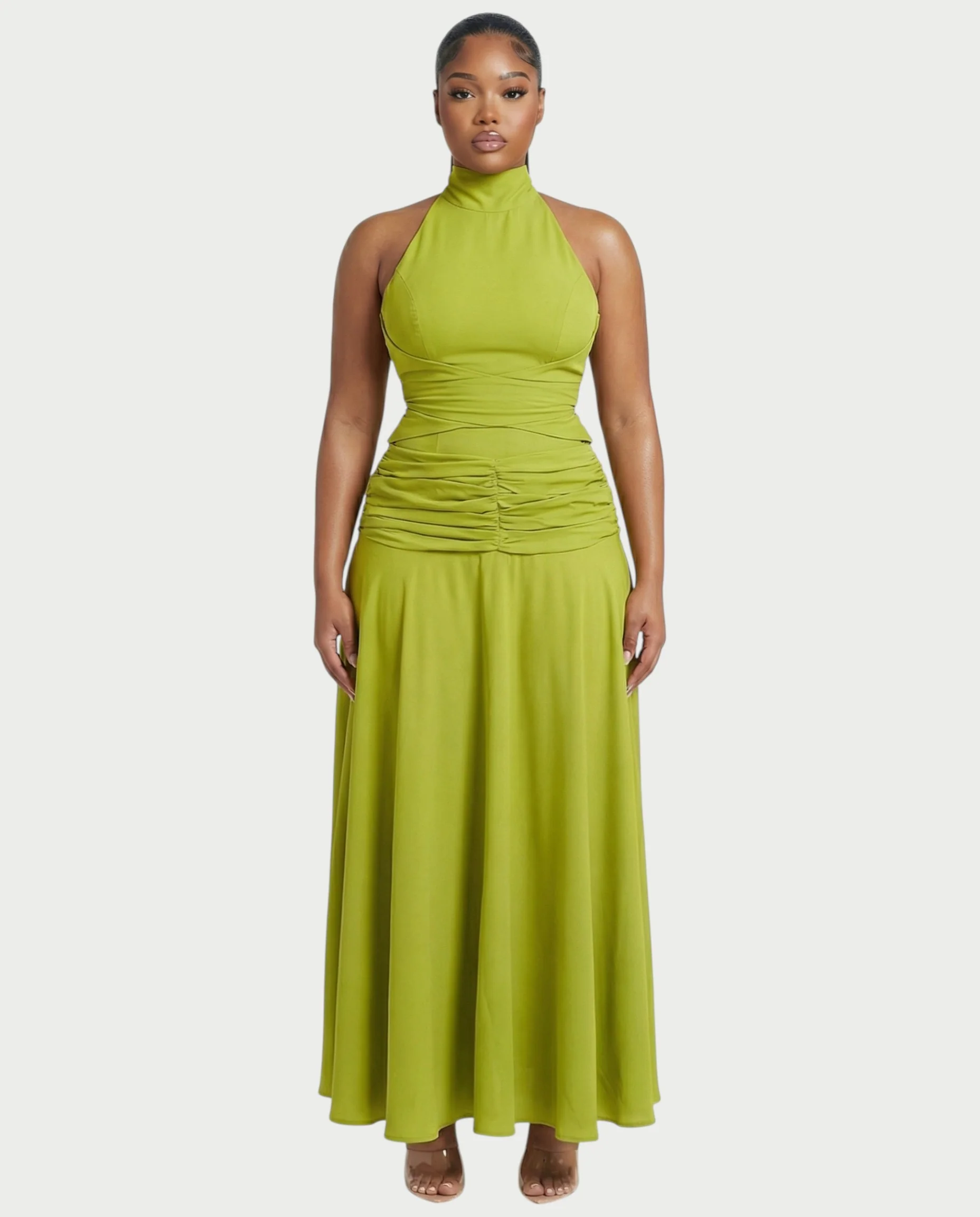 NOREYA High-Neck Ruched Waist Maxi Dress