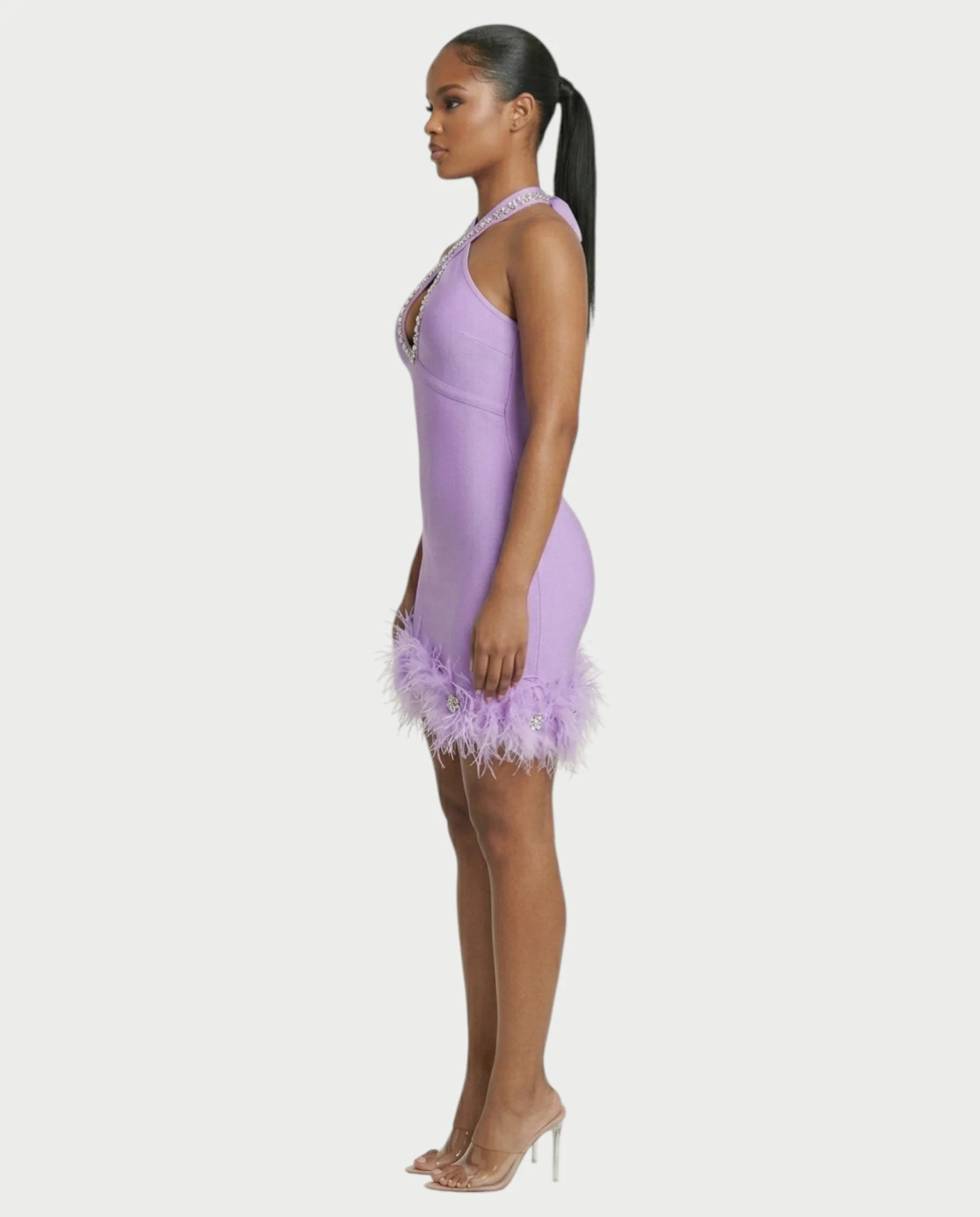 QUENCY Crystal Halter Feather Trim Mini Dress - Image 3