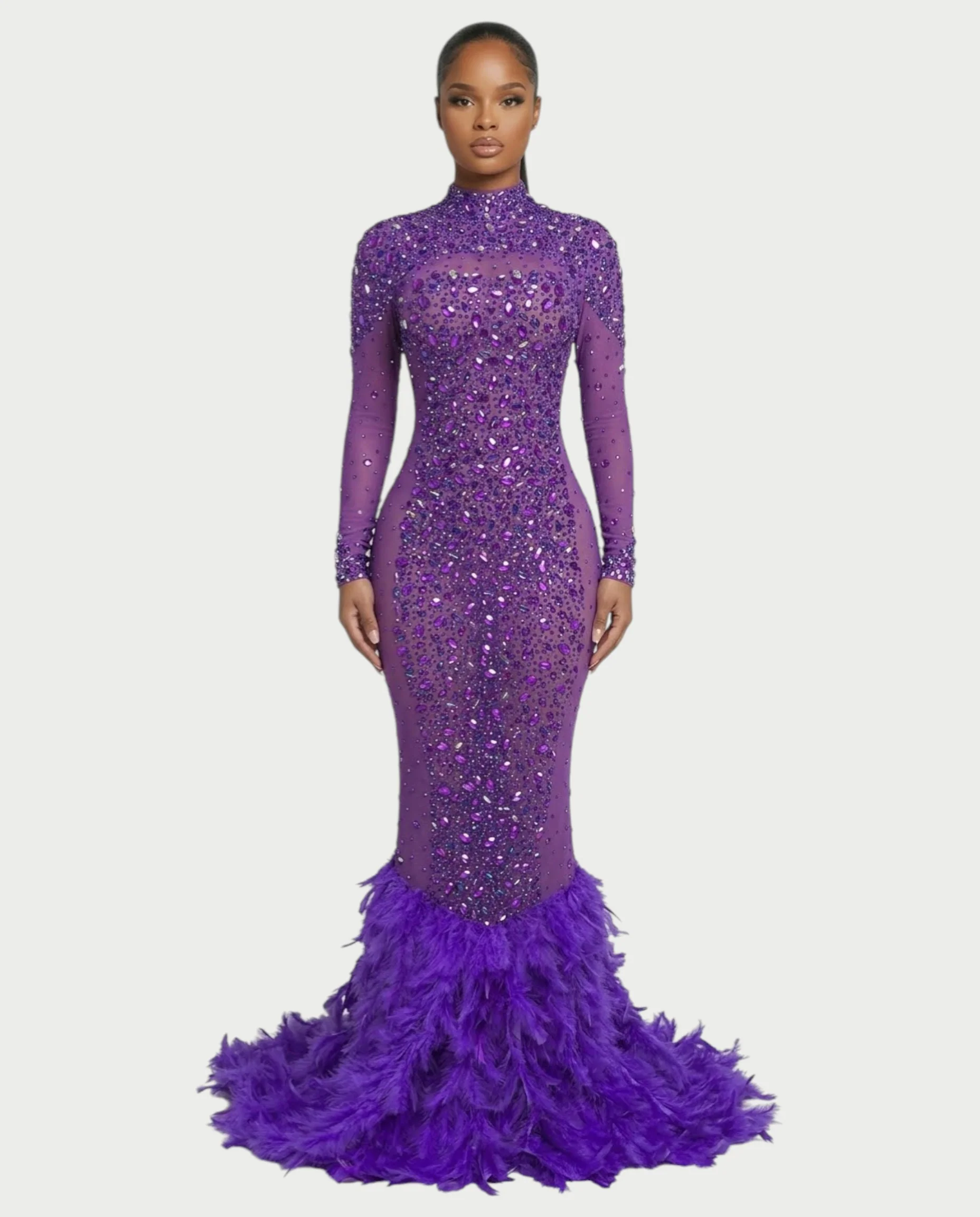 SOSANE Diamond High-Neck Feather Mermaid Maxi Dress - Image 16