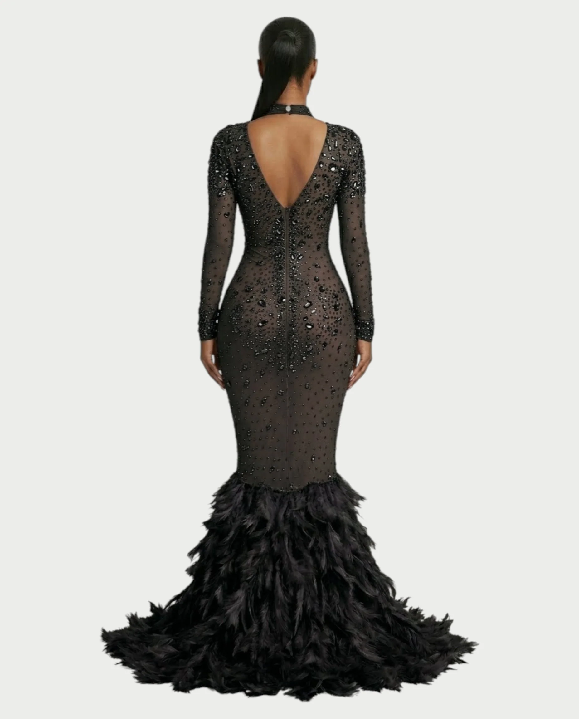 SOSANE Diamond High-Neck Feather Mermaid Maxi Dress - Image 22