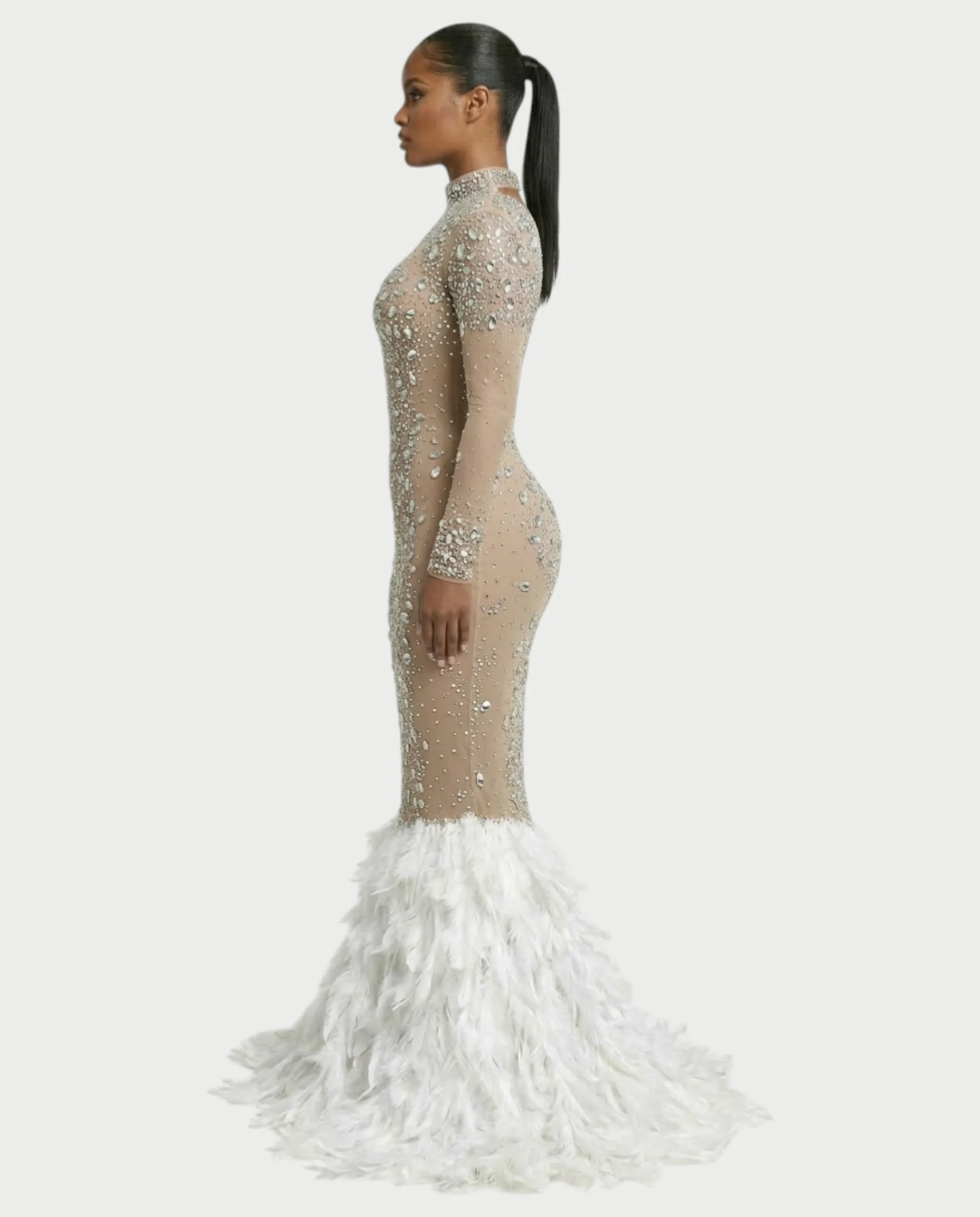SOSANE Diamond High-Neck Feather Mermaid Maxi Dress - Image 53