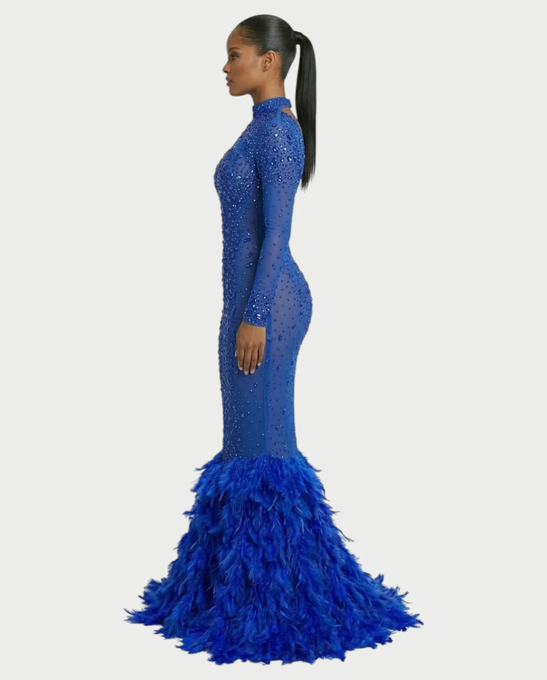 SOSANE Diamond High-Neck Feather Mermaid Maxi Dress - Image 8