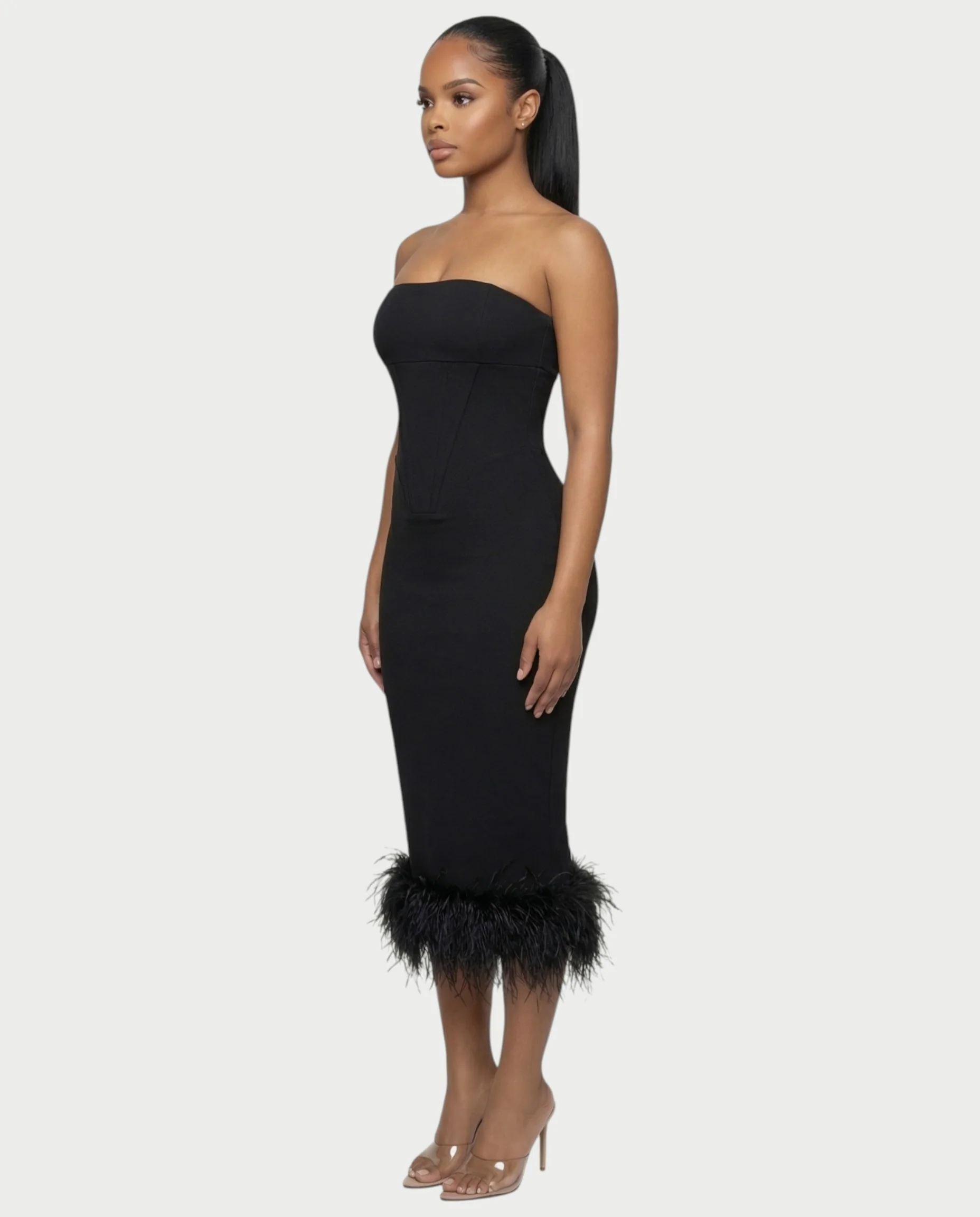 SOYANA Corset Strapless Feather Midi Dress - Image 3